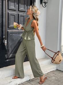 Serisse Women's Striped Tie-Waist Sleeveless Shirt And Wide-Leg Pants 2 Pieces Set - Green - View 3