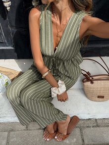 Serisse Women's Striped Tie-Waist Sleeveless Shirt And Wide-Leg Pants 2 Pieces Set - Green - View 7
