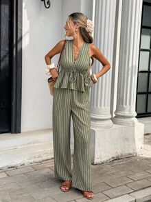 Serisse Women's Striped Tie-Waist Sleeveless Shirt And Wide-Leg Pants 2 Pieces Set - Green - View 5