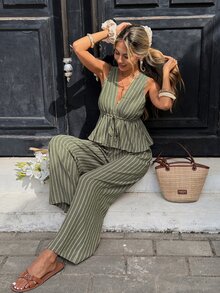 Serisse Women's Striped Tie-Waist Sleeveless Shirt And Wide-Leg Pants 2 Pieces Set - Green - View 6