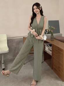 Serisse Women's Striped Tie-Waist Sleeveless Shirt And Wide-Leg Pants 2 Pieces Set - Green - View 1
