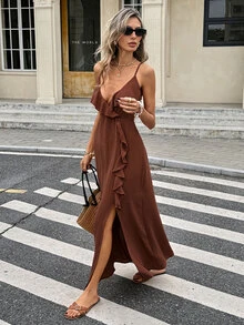 Serisse Women's Textured Ruffle Hem Slit Cami Dress For Vacation,Dresses For Women Summer - Brown - View 3