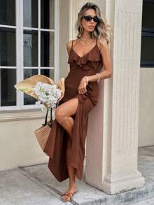 Serisse Women's Textured Ruffle Hem Slit Cami Dress For Vacation,Dresses For Women Summer - Brown - View 6