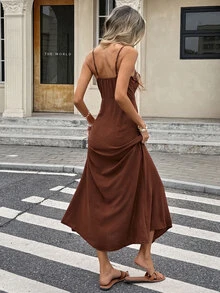 Serisse Women's Textured Ruffle Hem Slit Cami Dress For Vacation,Dresses For Women Summer - Brown - View 2
