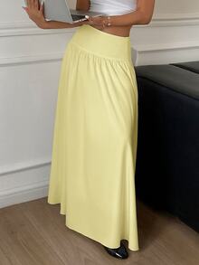 SHEIN X GALILEA Serisse Women's Plain Zip Up Gathered Casual Yellow Skirt, Summer Winter Spring - Yellow - View 4