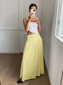 SHEIN X GALILEA Serisse Women's Plain Zip Up Gathered Casual Yellow Skirt, Summer Winter Spring - Yellow - View 2