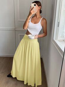 SHEIN X GALILEA Serisse Women's Plain Zip Up Gathered Casual Yellow Skirt, Summer Winter Spring - Yellow - View 6