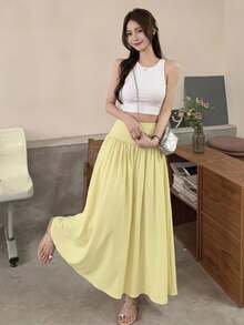 SHEIN X GALILEA Serisse Women's Plain Zip Up Gathered Casual Yellow Skirt, Summer Winter Spring - Yellow - View 1