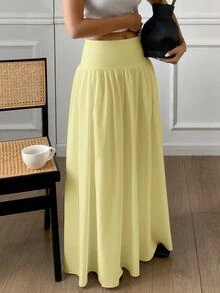 SHEIN X GALILEA Serisse Women's Plain Zip Up Gathered Casual Yellow Skirt, Summer Winter Spring - Yellow - View 5