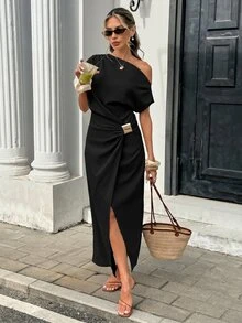 Serisse Women's Solid Color Minimalist Casual Asymmetric Dress - Black - View 4