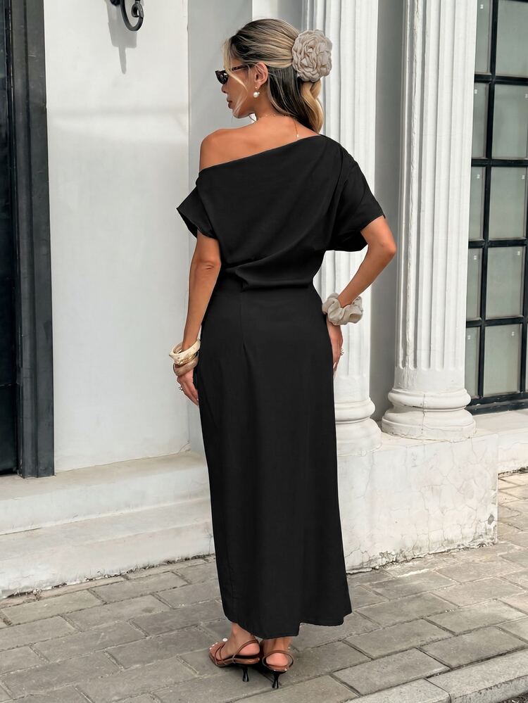 Serisse Women's Solid Color Minimalist Casual Asymmetric Dress - Black - View 2