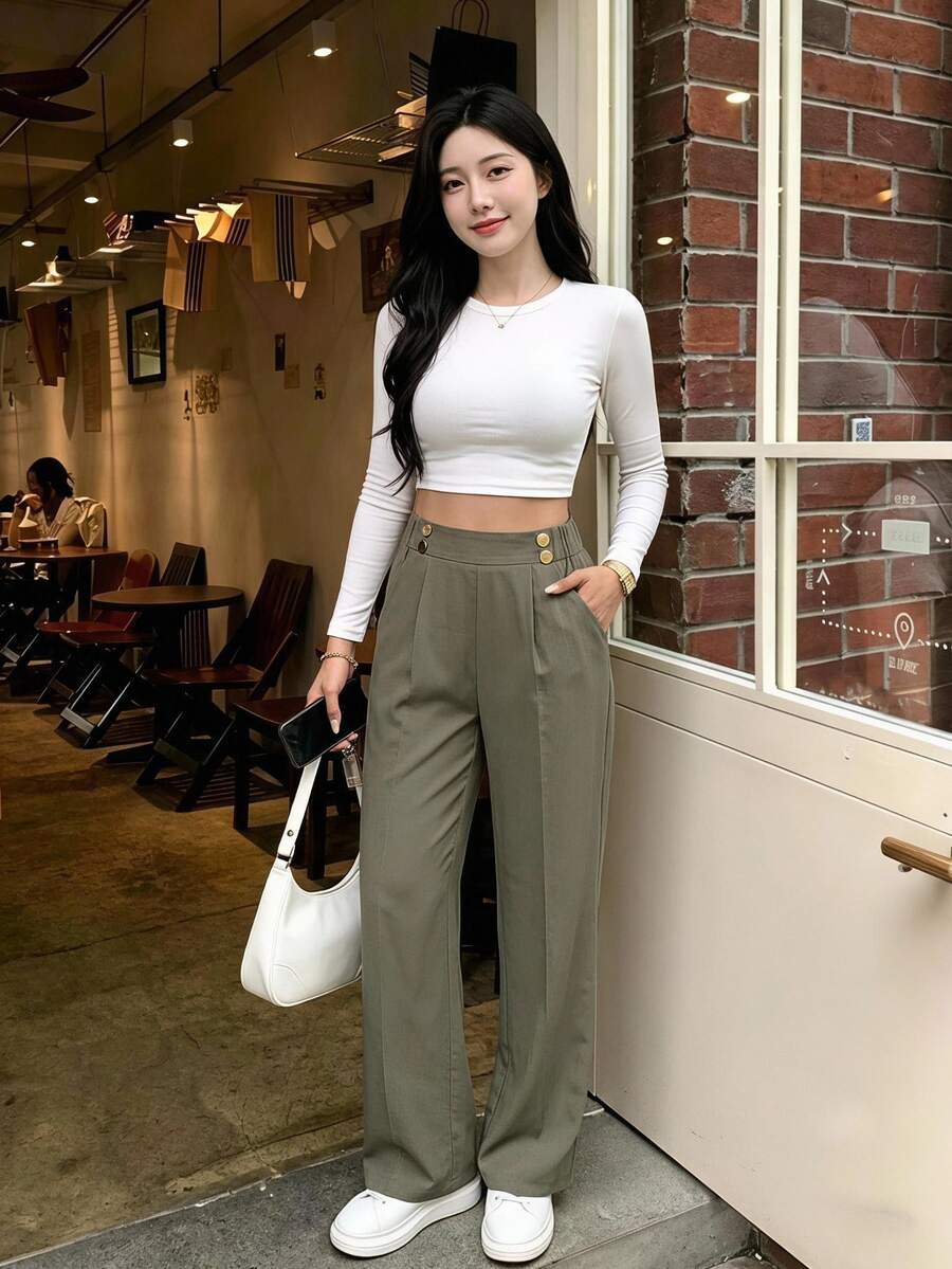 SHEIN Frenchy Women's Double Buckle Straight Leg Elegant Commuter Pants Winter Green Casual Christmas Spring