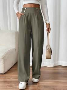 SHEIN Frenchy Women's Double Buckle Straight Leg Elegant Commuter Pants Winter Green Casual Christmas Spring - Army Green - View 6