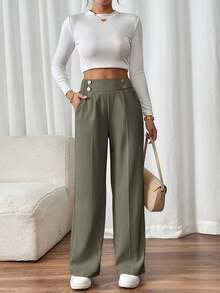SHEIN Frenchy Women's Double Buckle Straight Leg Elegant Commuter Pants Winter Green Casual Christmas Spring - Army Green - View 7