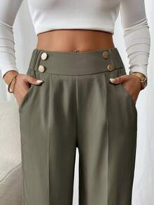 SHEIN Frenchy Women's Double Buckle Straight Leg Elegant Commuter Pants Winter Green Casual Christmas Spring - Army Green - View 4