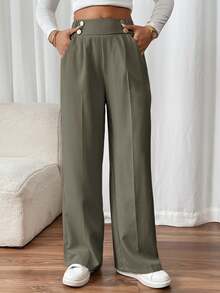 SHEIN Frenchy Women's Double Buckle Straight Leg Elegant Commuter Pants Winter Green Casual Christmas Spring - Army Green - View 5