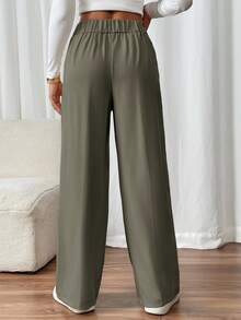 SHEIN Frenchy Women's Double Buckle Straight Leg Elegant Commuter Pants Winter Green Casual Christmas Spring - Army Green - View 3