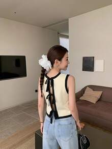 Serisse Women's Contrast Color Round Neck Backless Tie Knit Vest Spring - Multicolor - View 1