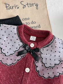 SHEIN Playful Pals 女嬰幼兒新生兒 0-3 歲秋冬時尚針織毛絨羅紋 3D 蝴蝶結開襟外套 + 內搭褲套裝，戶外穿搭 - 酒紅色 - 查看 3