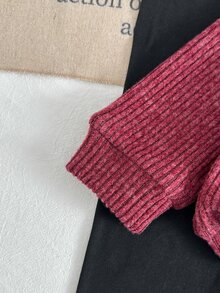 SHEIN Playful Pals 女嬰幼兒新生兒 0-3 歲秋冬時尚針織毛絨羅紋 3D 蝴蝶結開襟外套 + 內搭褲套裝，戶外穿搭 - 酒紅色 - 查看 6