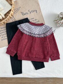 SHEIN Playful Pals 女嬰幼兒新生兒 0-3 歲秋冬時尚針織毛絨羅紋 3D 蝴蝶結開襟外套 + 內搭褲套裝，戶外穿搭 - 酒紅色 - 查看 2
