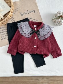 SHEIN Playful Pals 女嬰幼兒新生兒 0-3 歲秋冬時尚針織毛絨羅紋 3D 蝴蝶結開襟外套 + 內搭褲套裝，戶外穿搭 - 酒紅色 - 查看 1