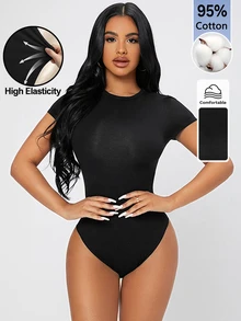 SHEIN PETITE 純色修身連身衣，小碼女款 - 黑色 - 查看 1