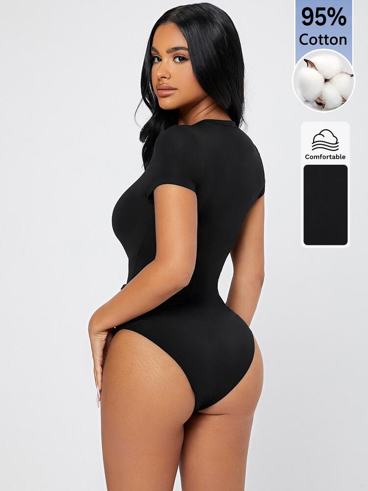 SHEIN PETITE Body de ajuste ceñido de color liso, para mujeres de talla pequeña - Negro - Añade 2