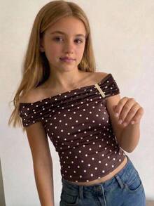 SHEIN Tween Girl Casual Everyday Versatile Comfortable Off-Shoulder Metal Decor T-Shirt Tween Girl - Khaki - View 1