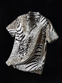 Manfinity RebelGame Men Leopard & Zebra Stripe Short Sleeve Shirt, Streetwear Inspired, Vacation, Father's Day Gifts - Multicolor - View 1
