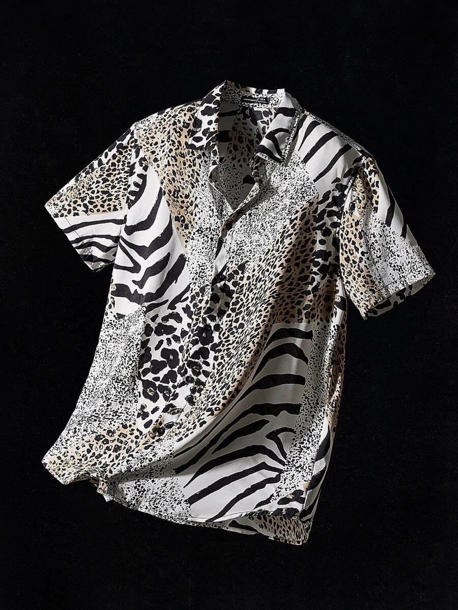 Manfinity RebelGame Men Leopard & Zebra Stripe Short Sleeve Shirt, Streetwear Inspired, Vacation, Father's Day Gifts - Multicolor - View 1