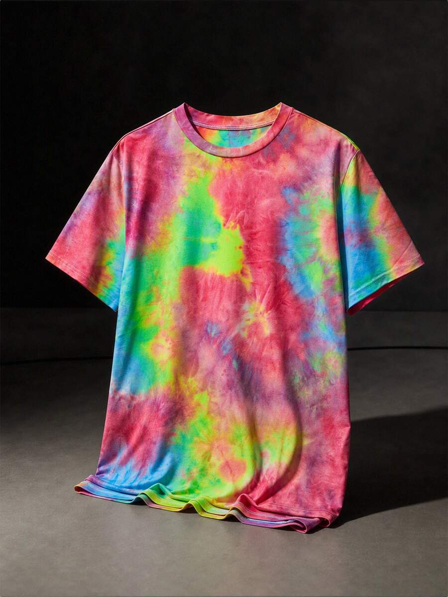 Manfinity RebelGame Men's Summer Casual Colorful Tie-Dye Print Short Sleeve T-Shirt ,Men's Graphic T Shirt - Magenta - View 1