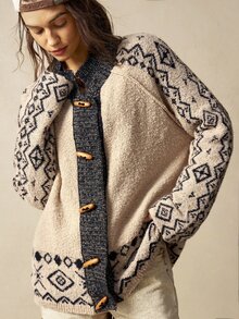 Bohemela Plus Size Vintage Fashion Horn Button Jacquard Long Sleeve Knit Cardigan - Multicolor - View 8