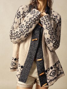 Bohemela Plus Size Vintage Fashion Horn Button Jacquard Long Sleeve Knit Cardigan - Multicolor - View 6