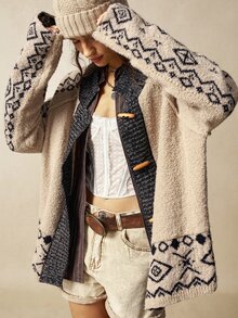Bohemela Plus Size Vintage Fashion Horn Button Jacquard Long Sleeve Knit Cardigan - Multicolor - View 4