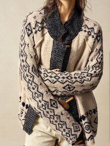 Bohemela Plus Size Vintage Fashion Horn Button Jacquard Long Sleeve Knit Cardigan - Multicolor - View 5