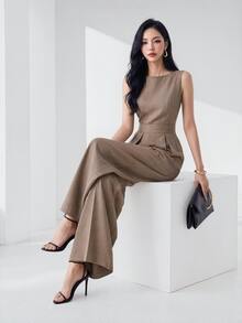 Heiryn Women's Elegant Commuter Cropped Top And Pants 2 Pieces Set - Khaki - View 7