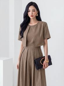 Heiryn Women's Elegant Commuter Cropped Top And Pants 2 Pieces Set - Khaki - View 4