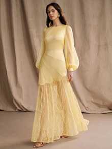 Anewsta Gaun Pesta Wanita Elegan untuk Musim Semi/Gugur dengan Bahan Satin dan Renda Kontras - Kuning - View 5