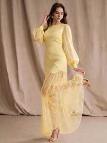 Anewsta Gaun Pesta Wanita Elegan untuk Musim Semi/Gugur dengan Bahan Satin dan Renda Kontras - Kuning - View 1