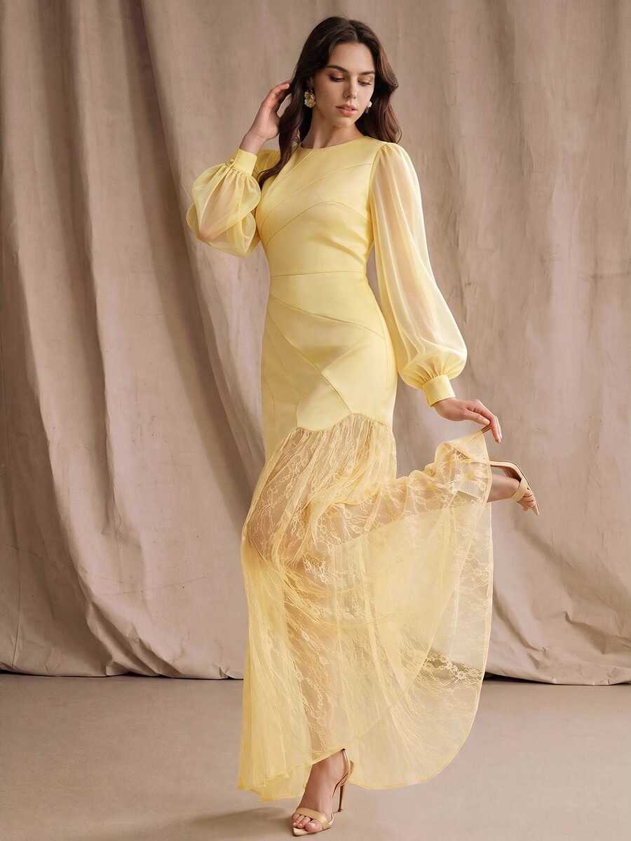 Anewsta Gaun Pesta Wanita Elegan untuk Musim Semi/Gugur dengan Bahan Satin dan Renda Kontras - Kuning - View 1