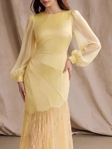 Anewsta Gaun Pesta Wanita Elegan untuk Musim Semi/Gugur dengan Bahan Satin dan Renda Kontras - Kuning - View 2