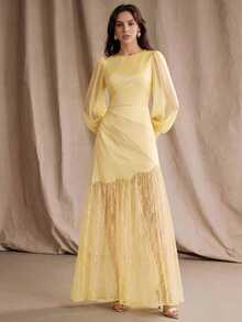 Anewsta Gaun Pesta Wanita Elegan untuk Musim Semi/Gugur dengan Bahan Satin dan Renda Kontras - Kuning - View 4