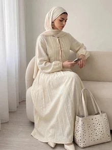 Solavon فستان طويل للنساء بلون موحد وأكمام فانوس وخصر مربوط - أصفر - مشاهدة 5