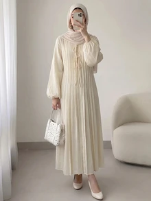 Solavon فستان طويل للنساء بلون موحد وأكمام فانوس وخصر مربوط - أصفر - مشاهدة 7