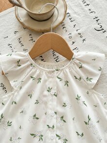 SHEIN LMoss Kids 新生女嬰花卉刺繡短袖上衣與白色鼠尾草綠短褲套裝，夏季可愛款 - 彩色 - 查看 3
