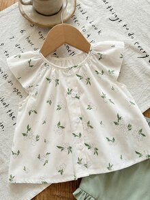 SHEIN LMoss Kids 新生女嬰花卉刺繡短袖上衣與白色鼠尾草綠短褲套裝，夏季可愛款 - 彩色 - 查看 5