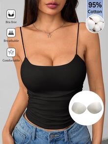 SHEIN PETITE 女款白色修身圓領基礎細肩帶背心 / 黑色細肩帶上衣（適合免內衣穿著），適合嬌小女性 - 黑色 - 查看 8
