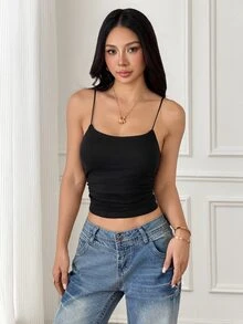 SHEIN PETITE 女款白色修身圓領基礎細肩帶背心 / 黑色細肩帶上衣（適合免內衣穿著），適合嬌小女性 - 黑色 - 查看 3