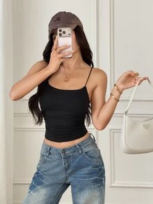 SHEIN PETITE 女款白色修身圓領基礎細肩帶背心 / 黑色細肩帶上衣（適合免內衣穿著），適合嬌小女性 - 黑色 - 查看 5
